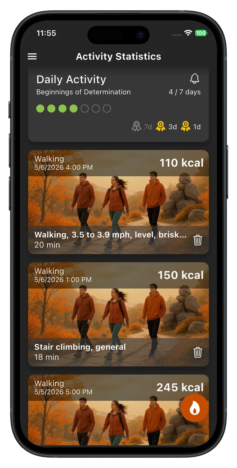 Fat Gone activity tracking screen