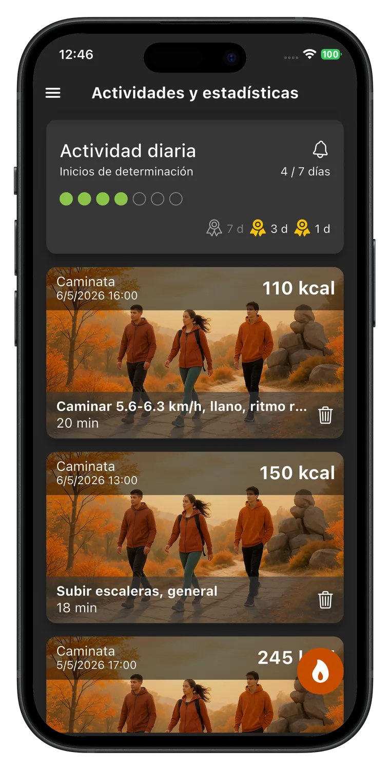Pantalla de registro de actividades de Fat Gone